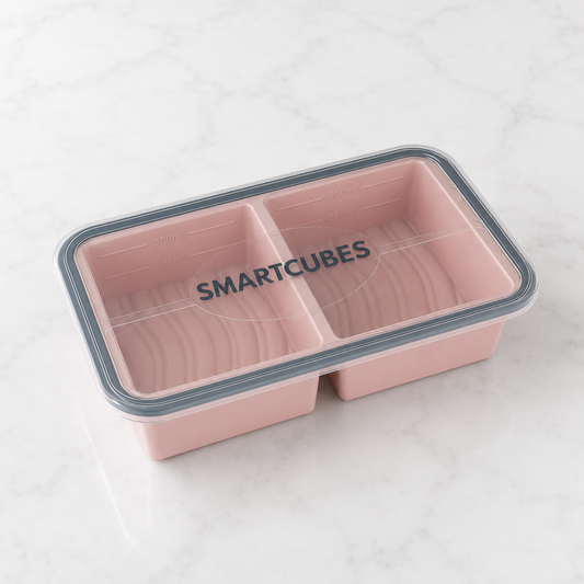 SMARTCUBES portionsbakke i pink silikone med 2 rum à 500 ml og lufttæt låg